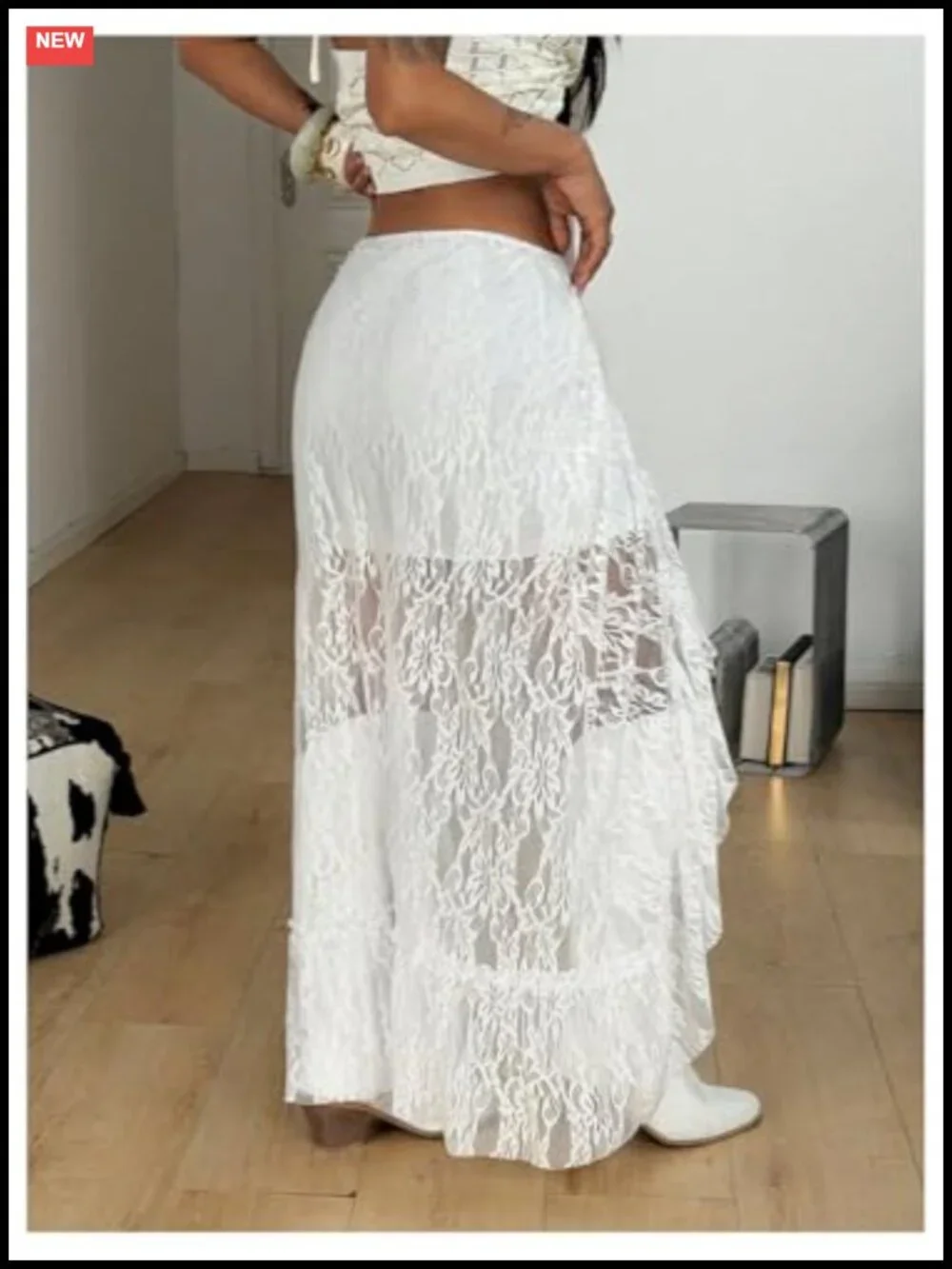 Women's Floral Lace Sheer Y2K Cowgirl Western Ruffle Maxi Skirt